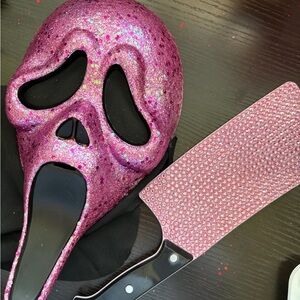 Custom Pink Glitter Scream Mask and Cleaver Set